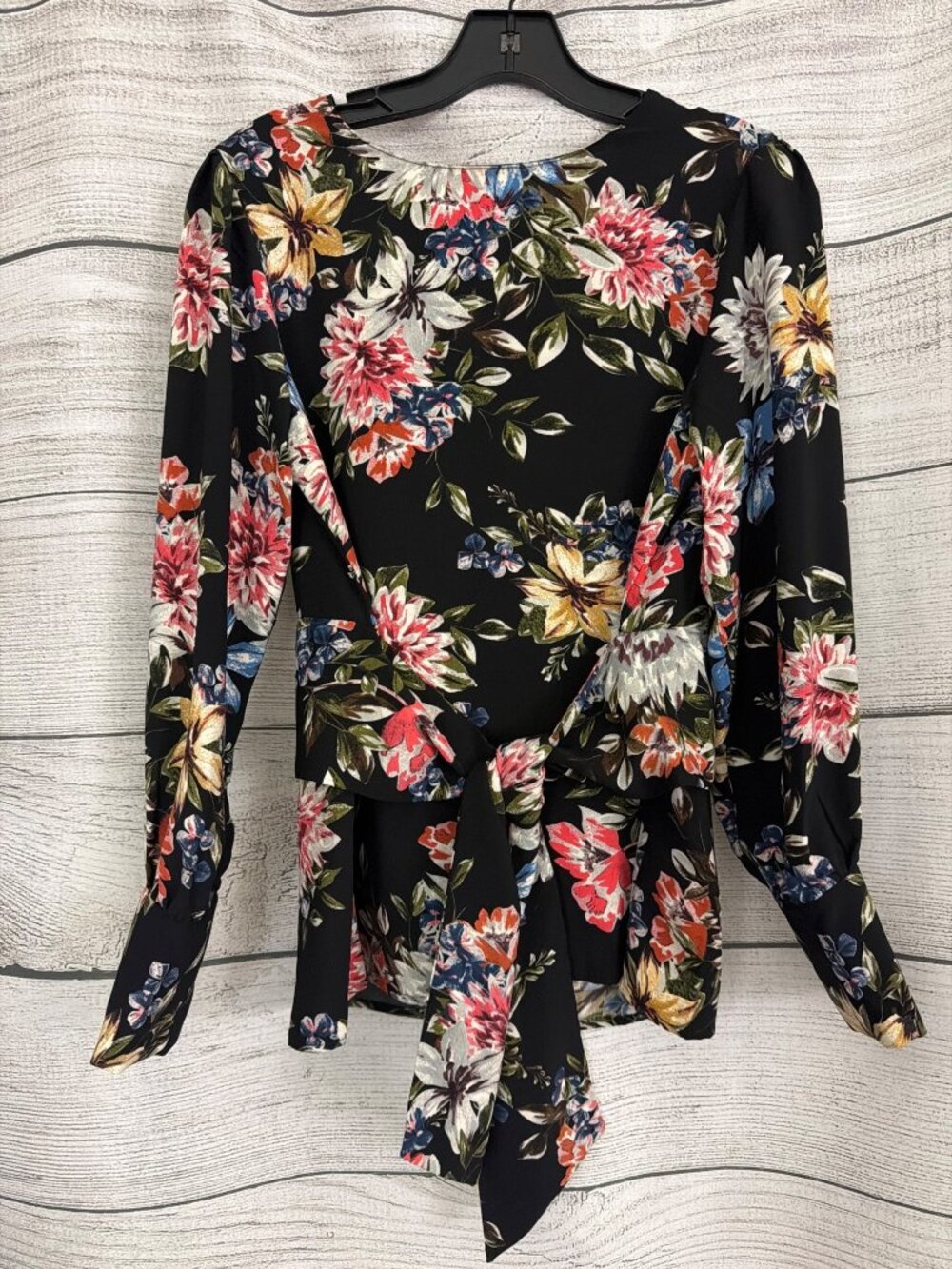 Q2 Collection Floral Black Long-Sleeve Blouse With Waist Tie Size M